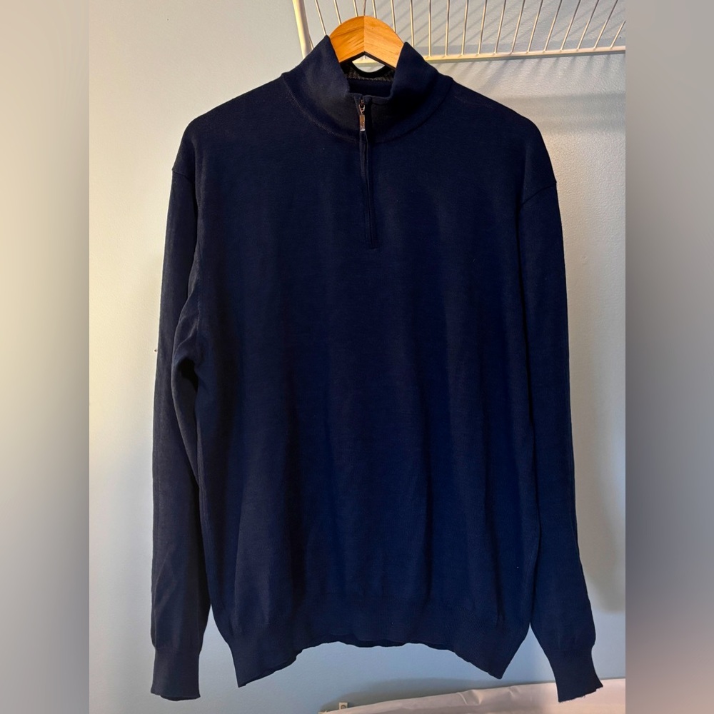 Saks Fifth Avenue men’s blue 100% merino wool 1/4 sweater Sz XL Made in Italy